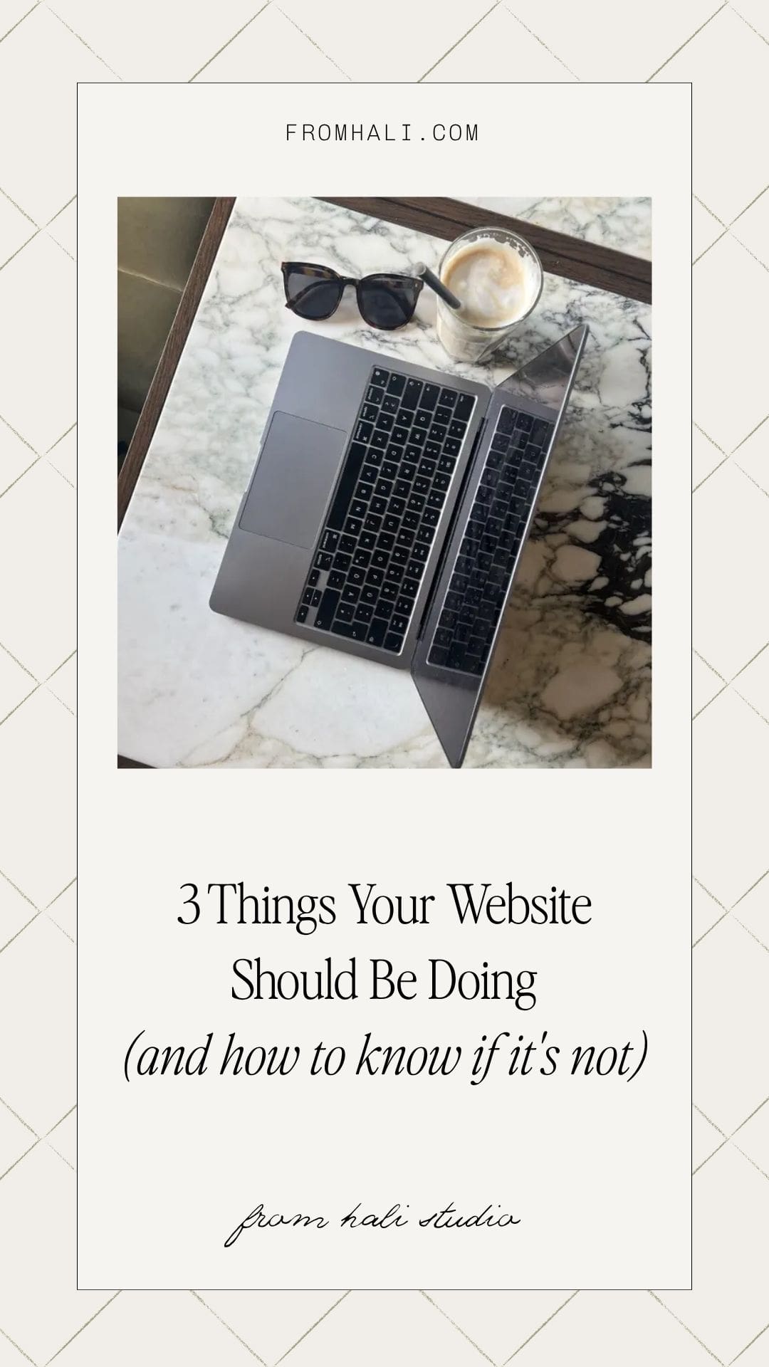 laptop on marble table with coffee and sunglasses, website design tips for small business owners, from hali studio